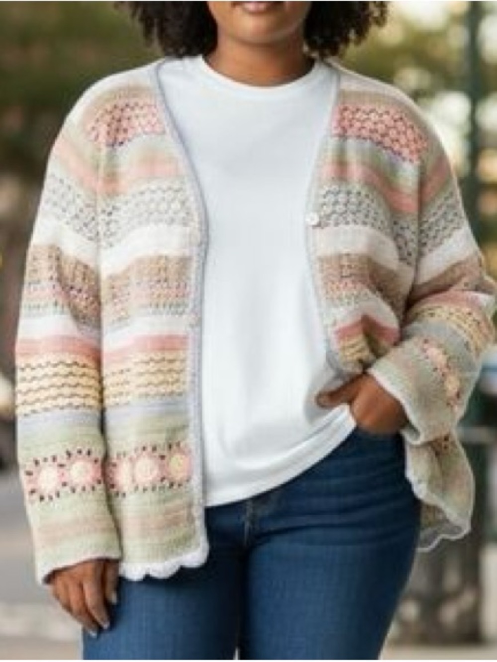 Vintage Cottage Core Pastel Crochet Cardigan Sweater Size Large